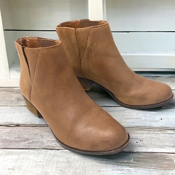 Lucky Brand Leather Benissa Booties Ankle Boots Dark Saddle Tan/Brown Size 6.5 - Picture 1 of 14